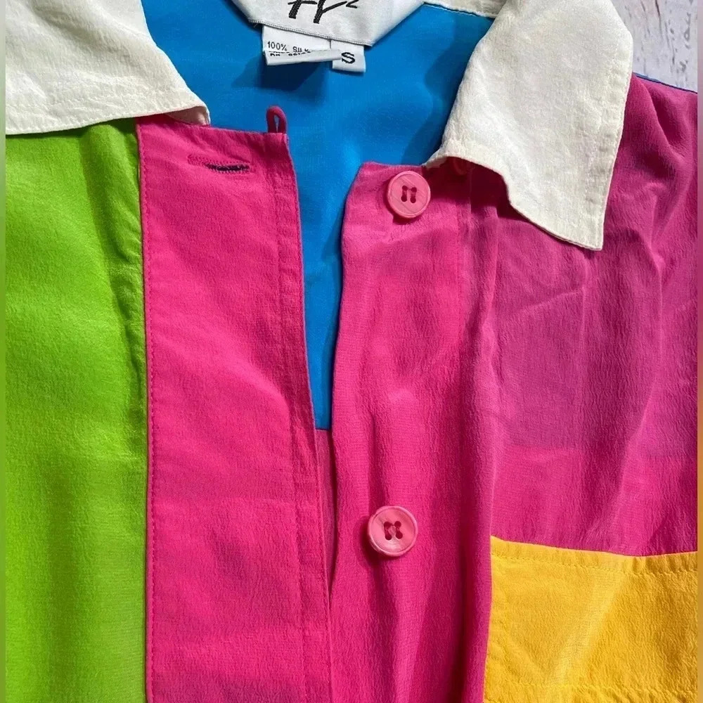 Lightweight Vintage Color block 3/4 Sleeve Silk Button Up Shirt Cinched Waist Sm - Picture 6 of 15